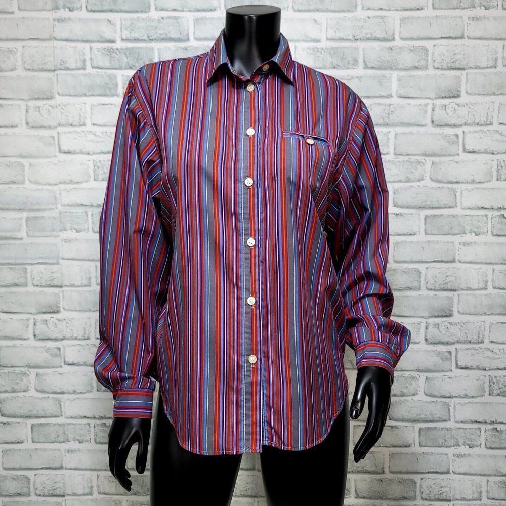 Vintage 70s John Weitz Womens M Colorful Striped Button Front Blouse Long Sleeve